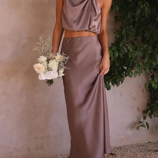 Conjunto de 2 piezas satinado elegante con cuello drapeado para mujer