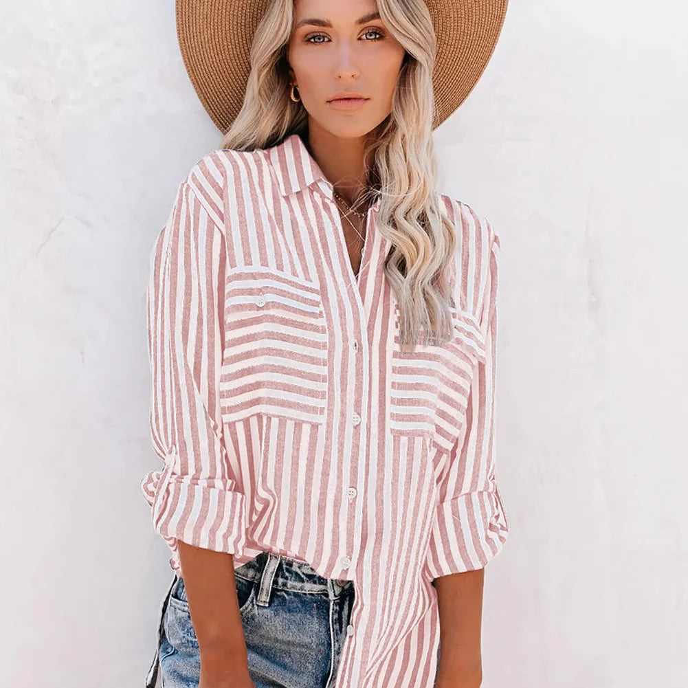 Camisa de Lino a Rayas con Botones para Mujer
