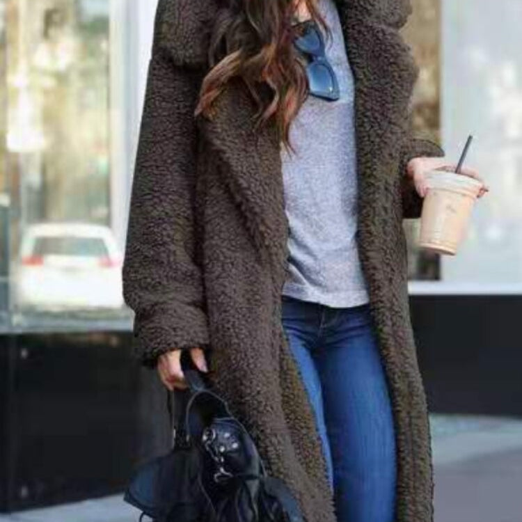 Women's Long Teddy Coat with Lapel Collar