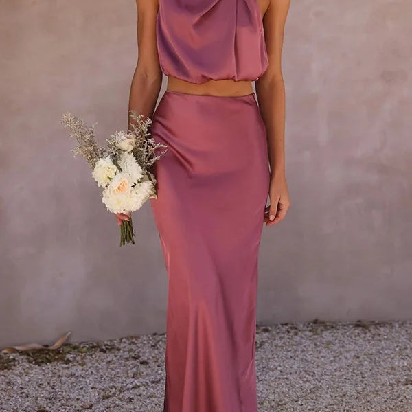 Conjunto de 2 piezas satinado elegante con cuello drapeado para mujer