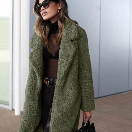 Women's Long Teddy Coat with Lapel Collar