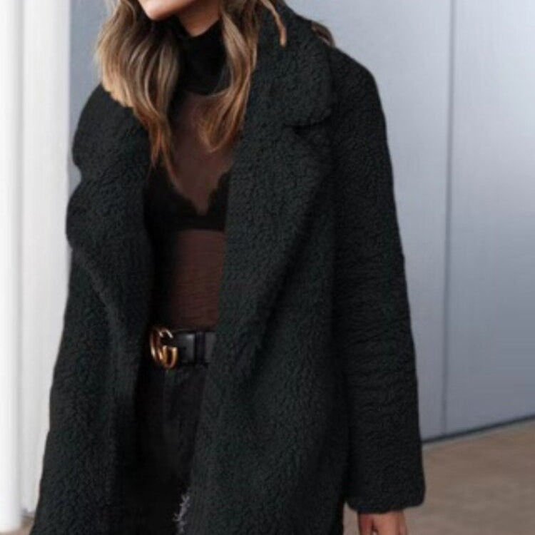 Women's Long Teddy Coat with Lapel Collar