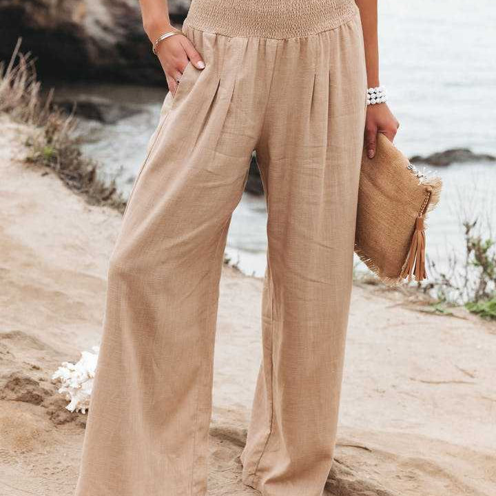 Wide Leg Women's Pants High Waist with Ruched Waistband