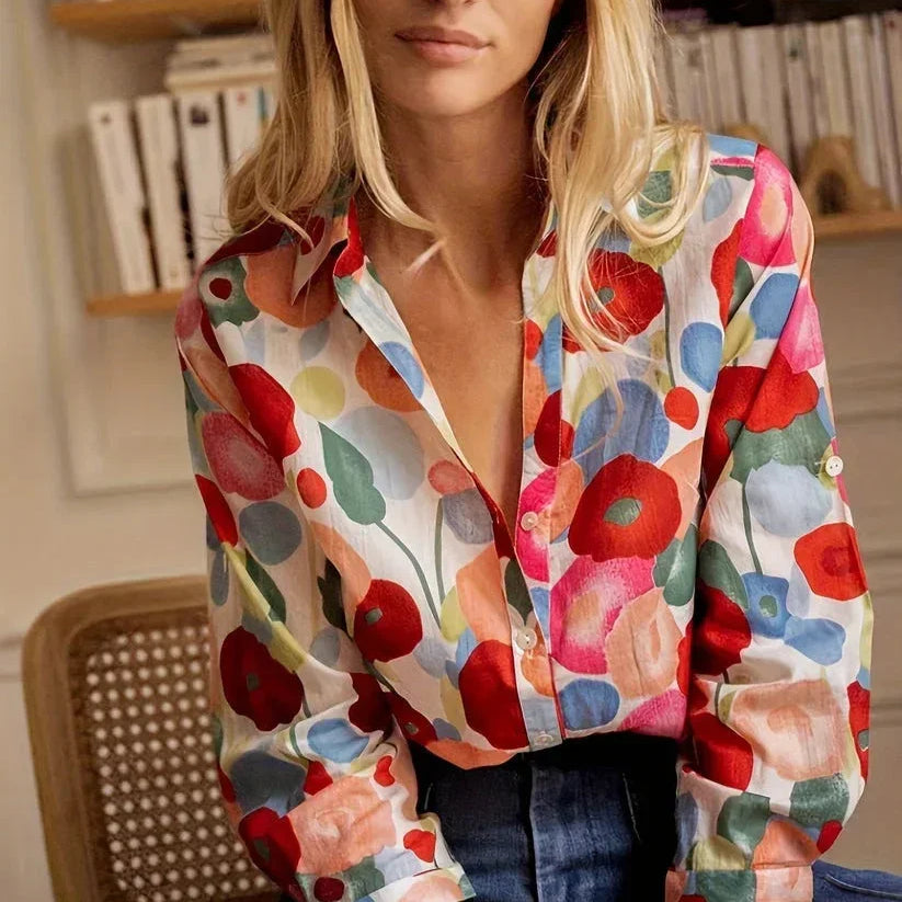 Women's Colorful Floral Blouse with Long Sleeves