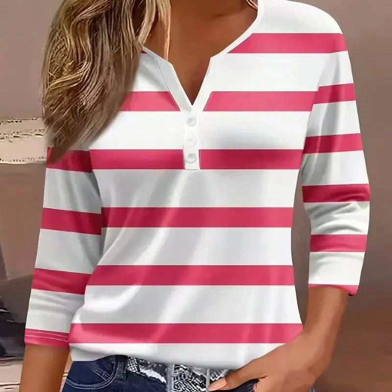 Women's Striped T-shirt with 3/4 Sleeves and Buttoned Collar