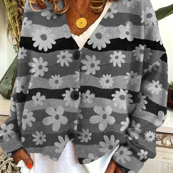 Cardigan casual con cuello en V y estampado floral colorido para mujer