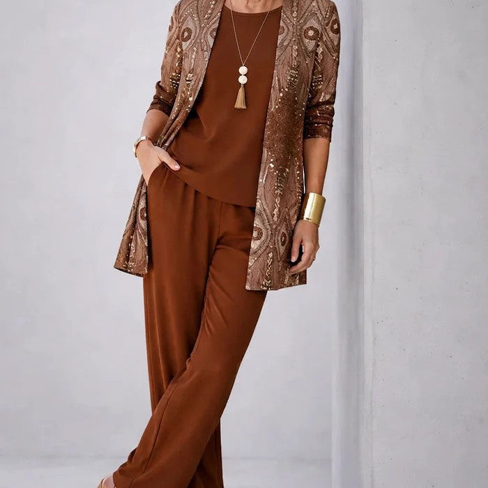 Conjunto de mujer elegante de 3 piezas con cárdigan estampado