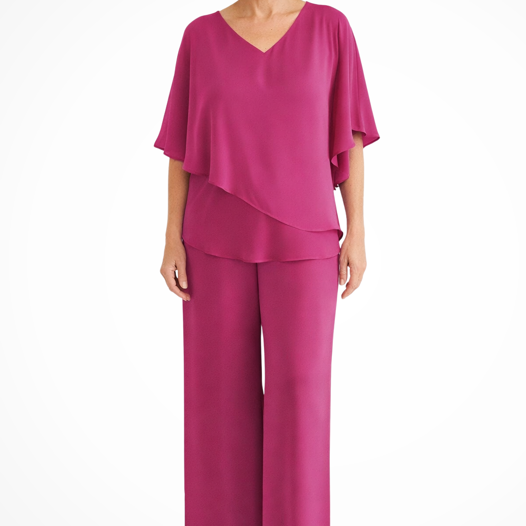 Élégant Ensemble Femme Col V Manches Chauve-Souris et Pantalon Large Deux Pièces