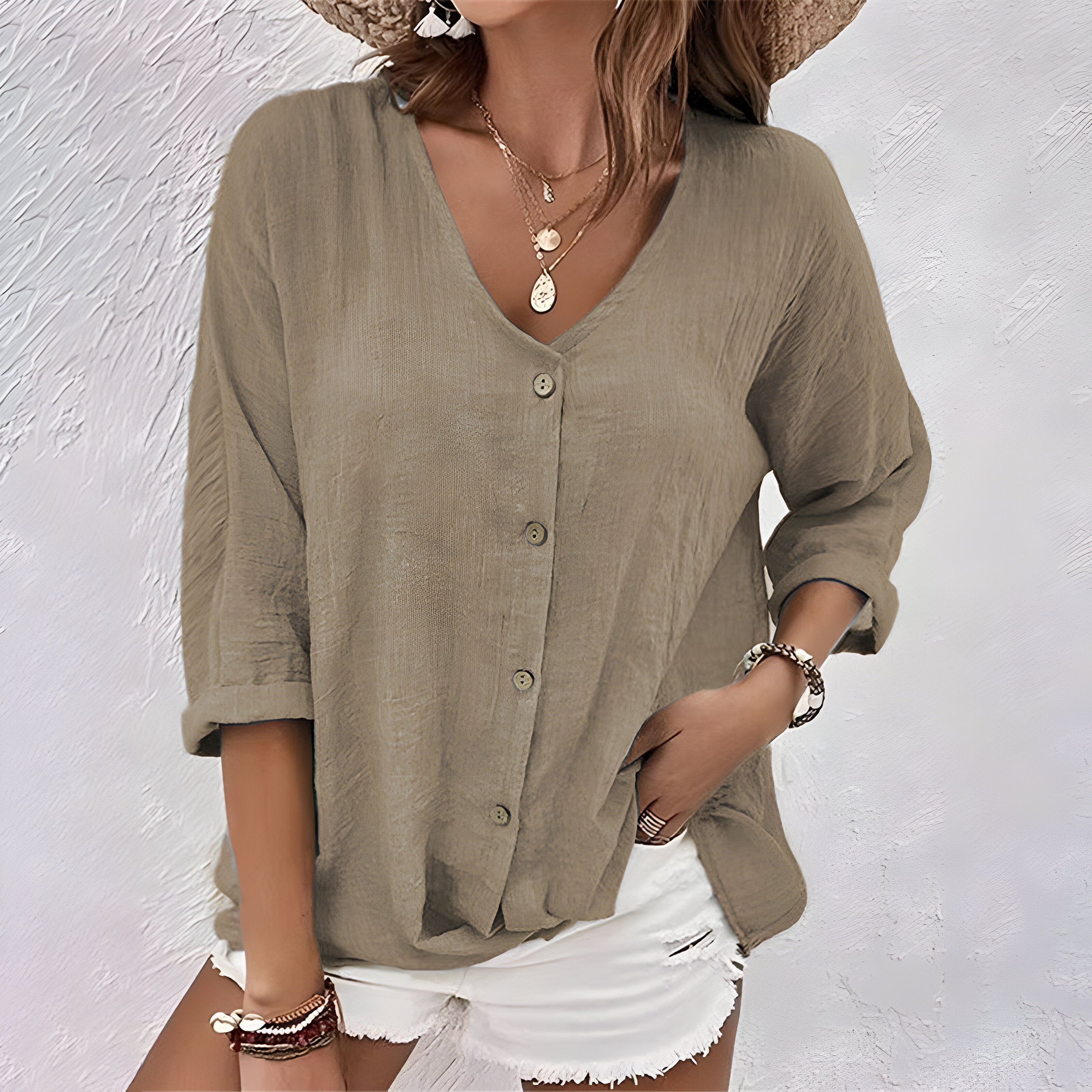 Blouse Femme Col V Boutonnée Style Décontracté