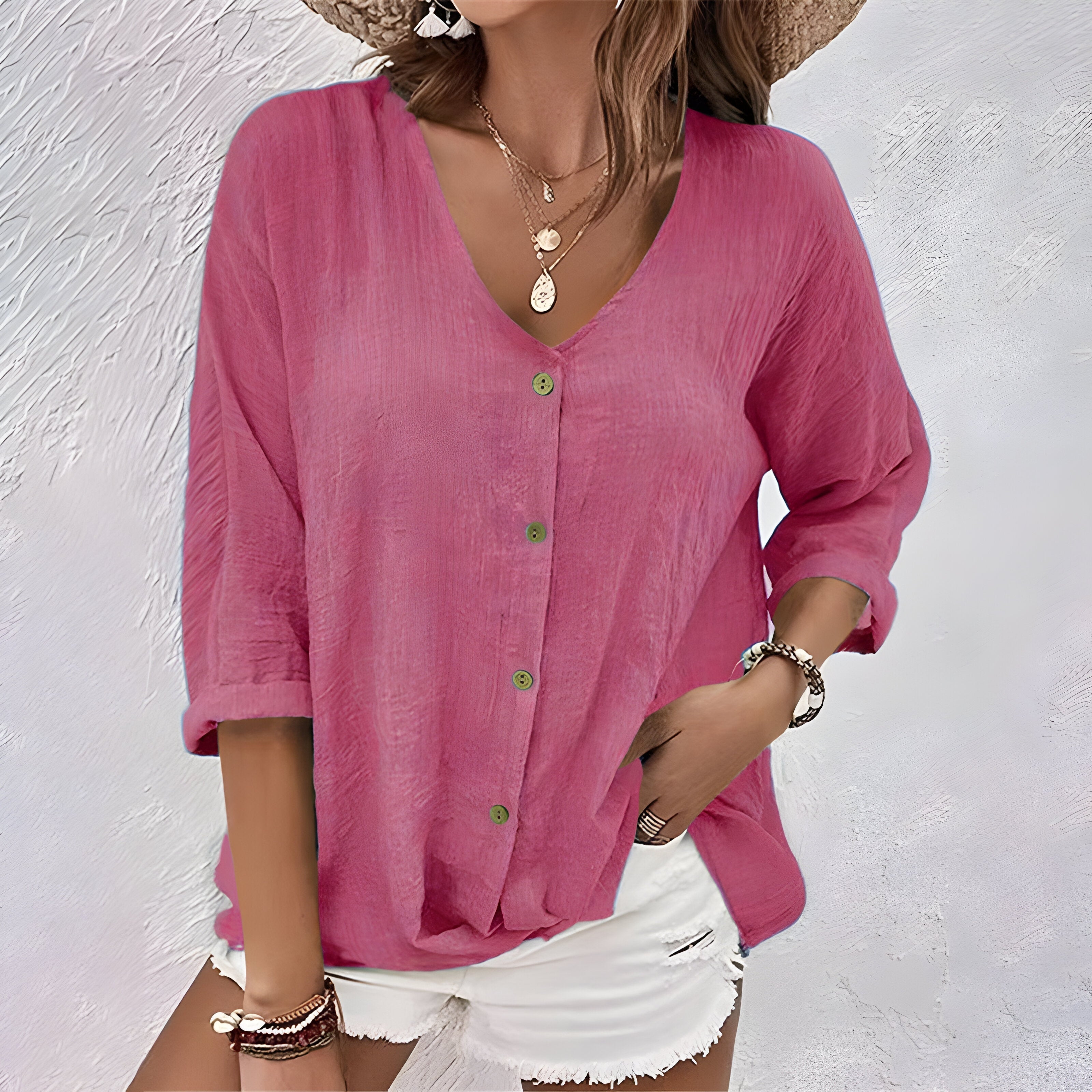 Blouse Femme Col V Boutonnée Style Décontracté
