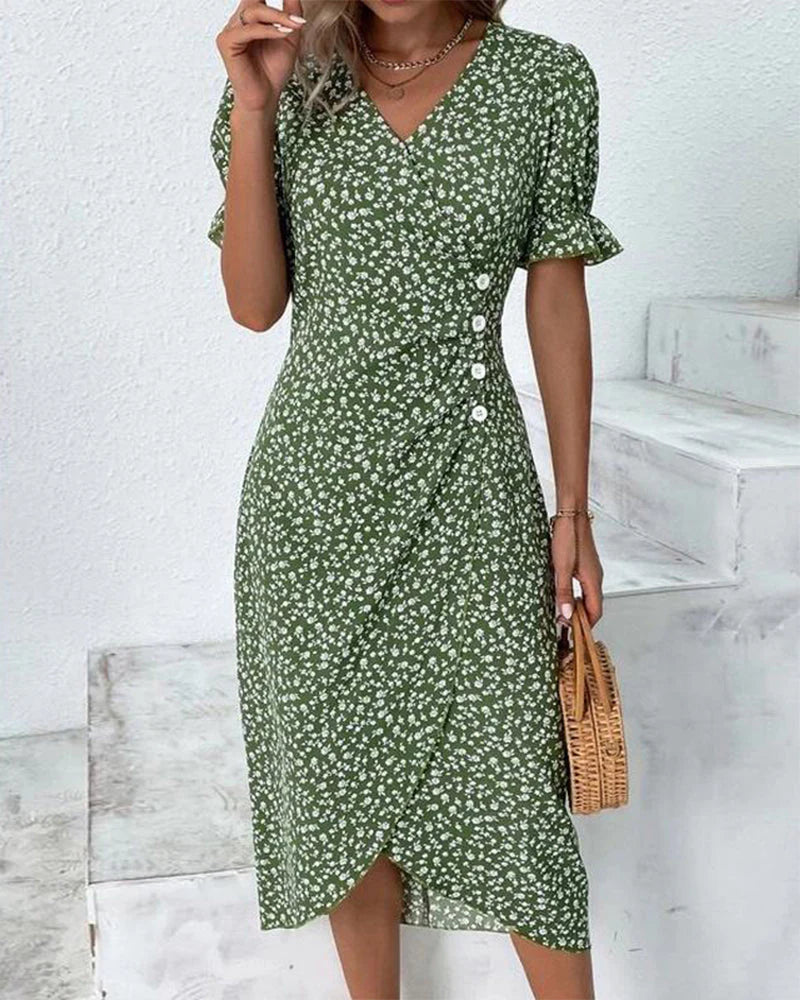 Robe Midi à Imprimé Fleuri avec Effet Portefeuille, Col en V et Coupe Ajustée
