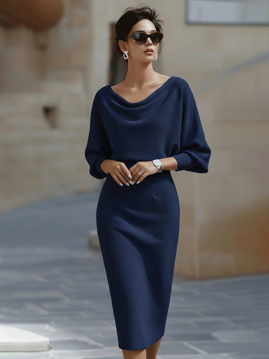 Women's Midi Dress with Draped Neckline