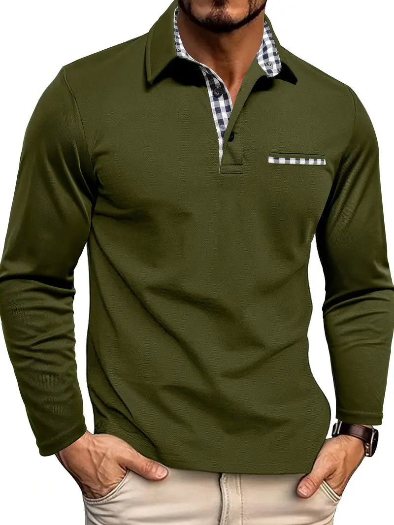 Men’s Long-Sleeve Polo Shirt with Contrast Collar