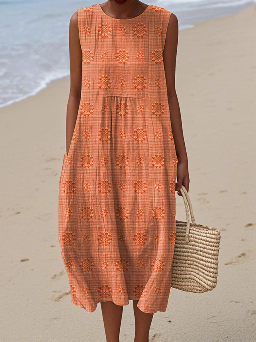 Women's Sleeveless Midi Dress with Bubble Cut and Textured Details