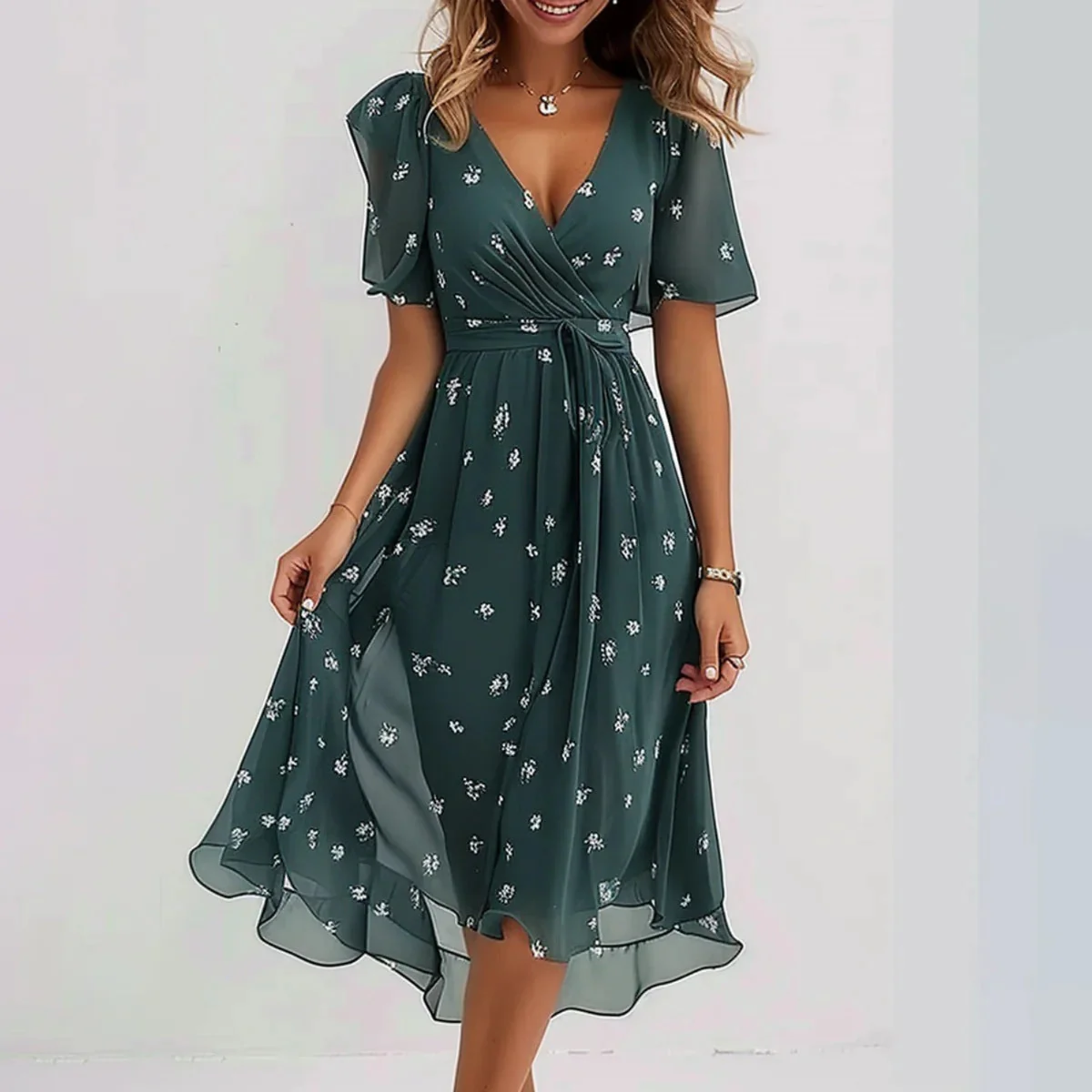 Robe midi d'été à imprimé floral et col en V pour femme