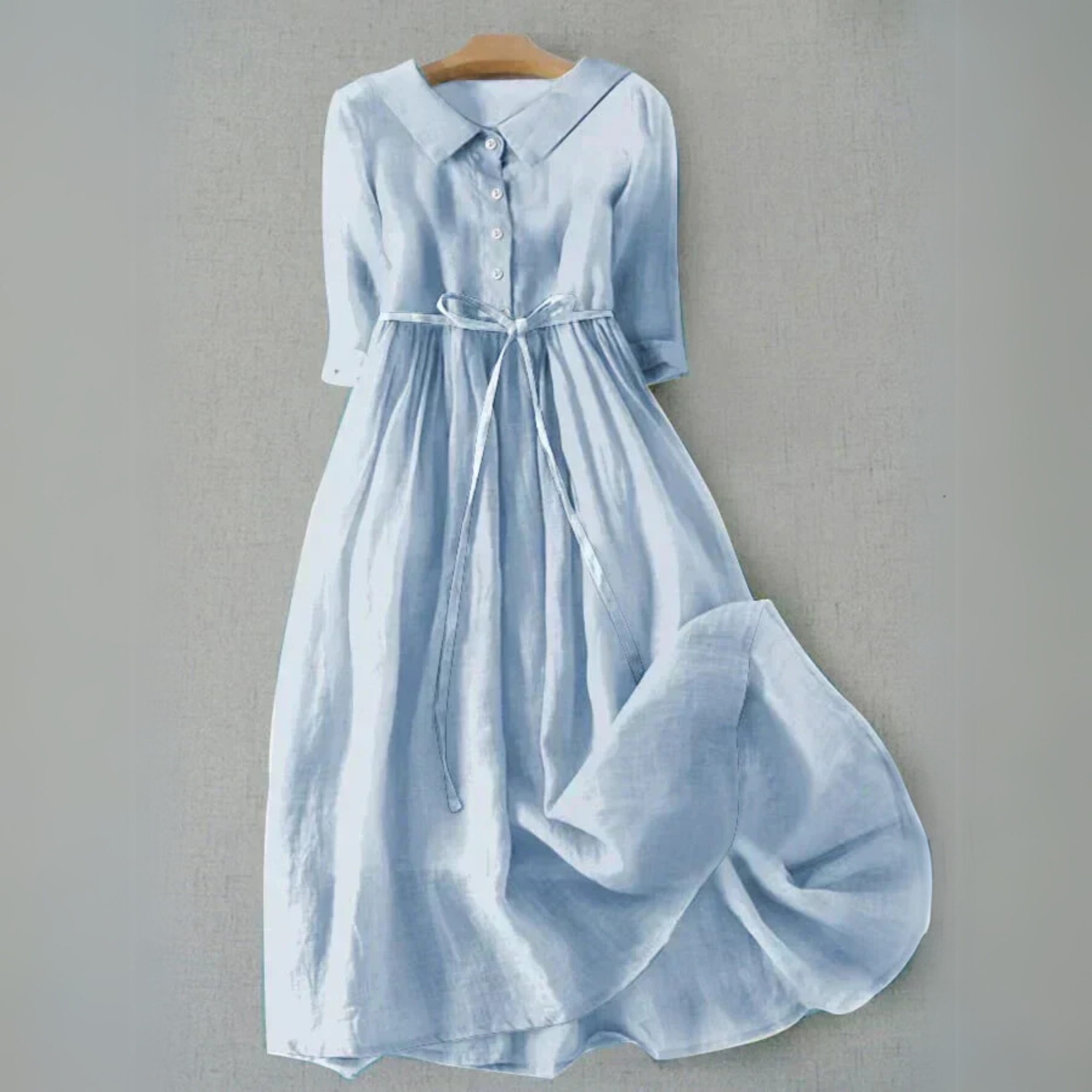 Women's Flared Midi Dress with Shirt Collar and Tie Belt