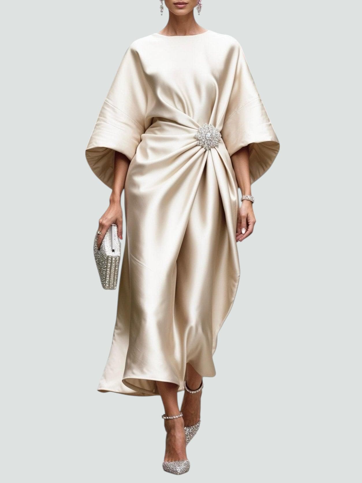 Robe midi élégante femme coupe ample manches larges détail drapé chic