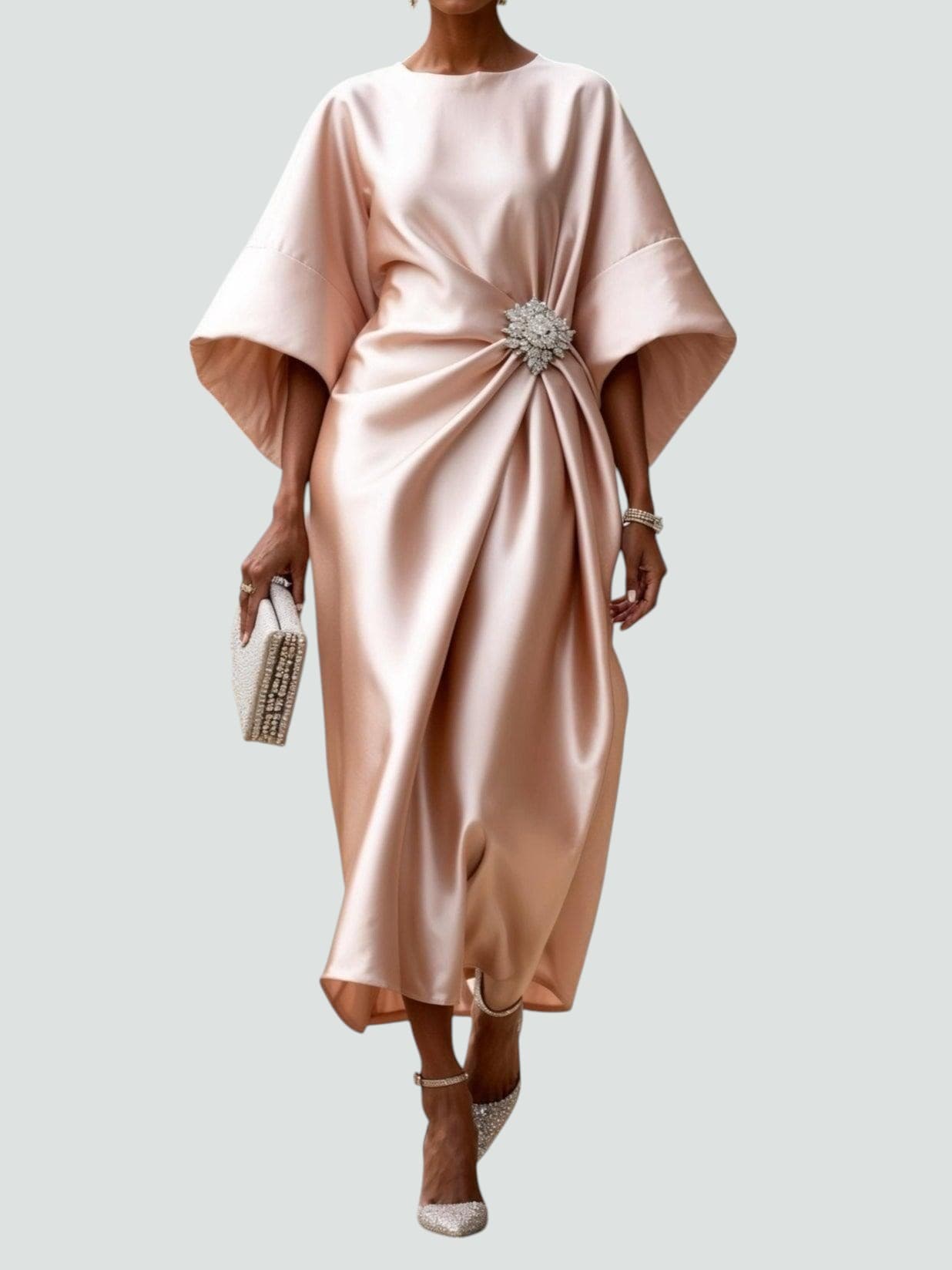 Robe midi élégante femme coupe ample manches larges détail drapé chic