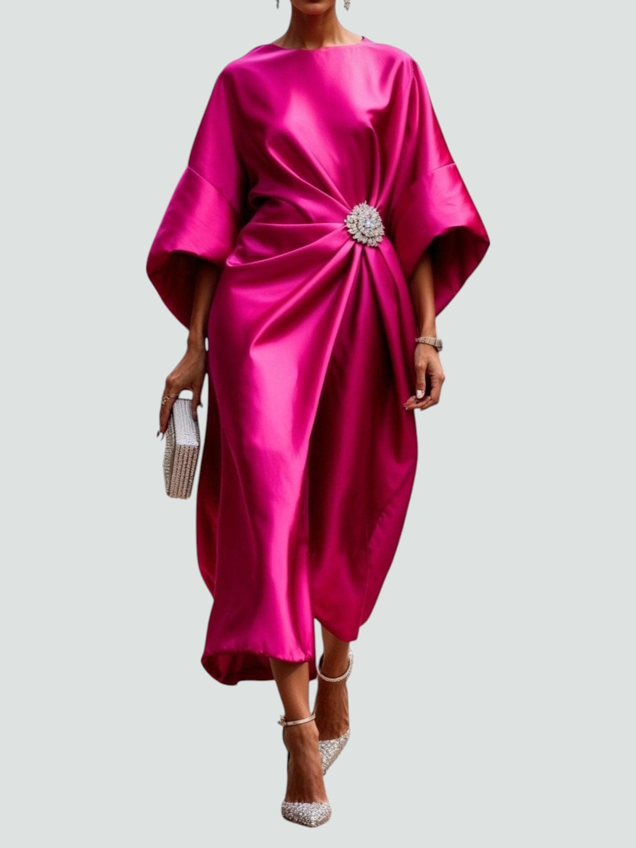 Robe midi élégante femme coupe ample manches larges détail drapé chic