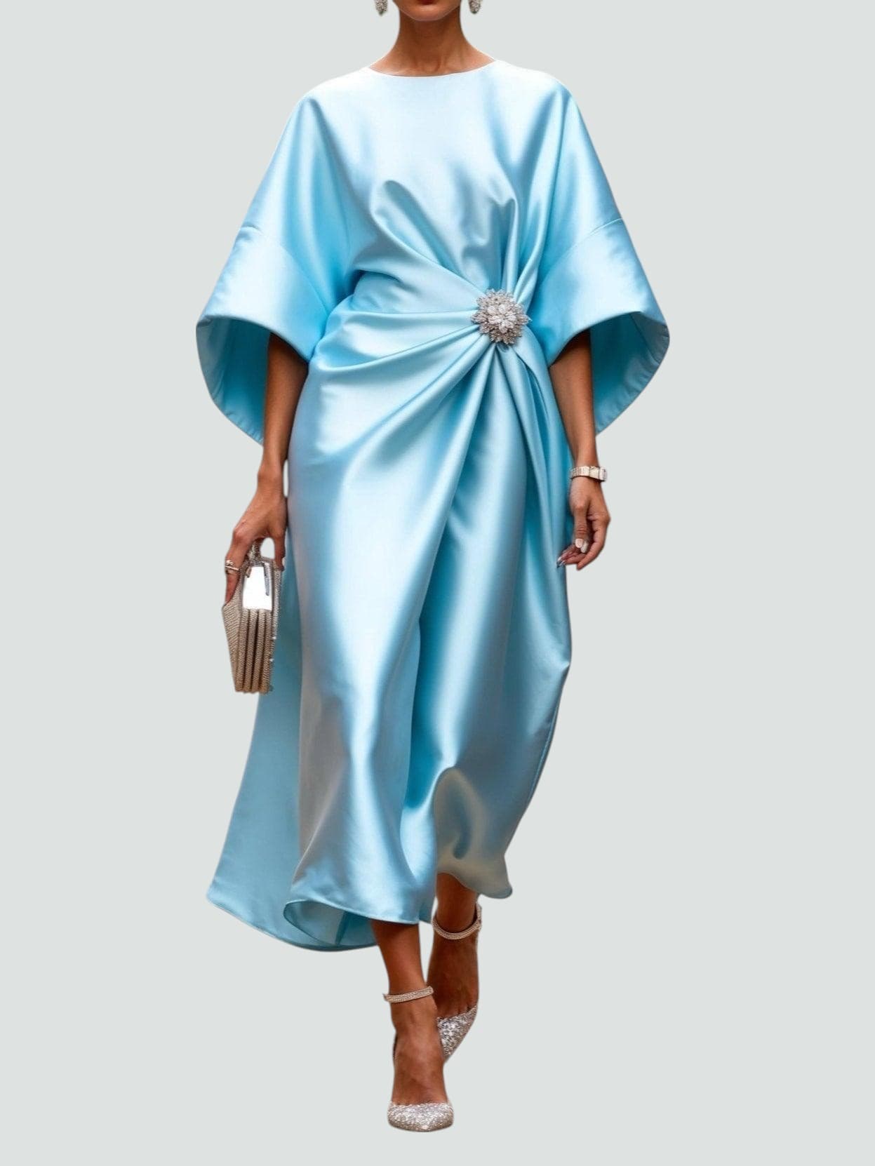 Robe midi élégante femme coupe ample manches larges détail drapé chic