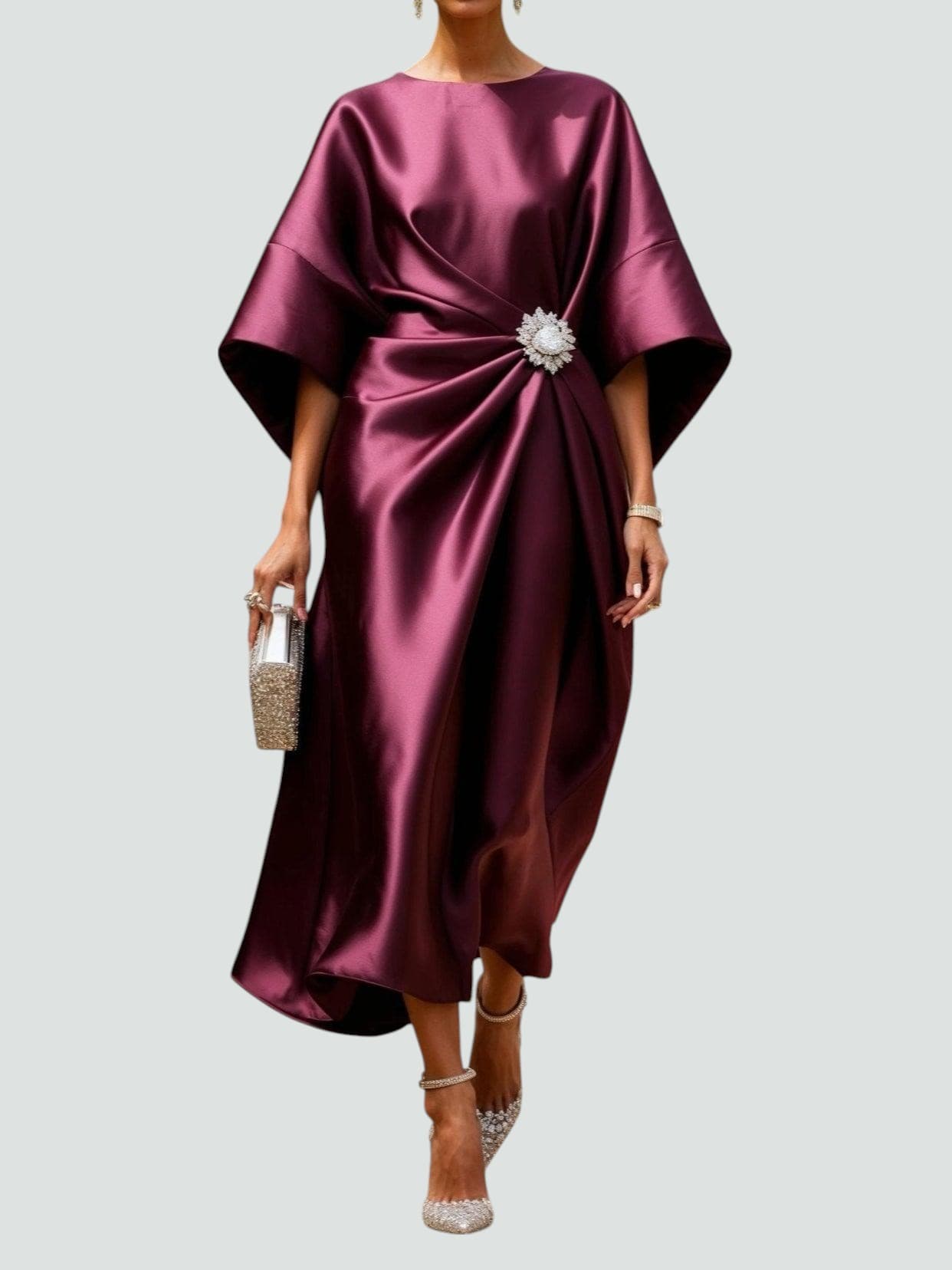 Robe midi élégante femme coupe ample manches larges détail drapé chic