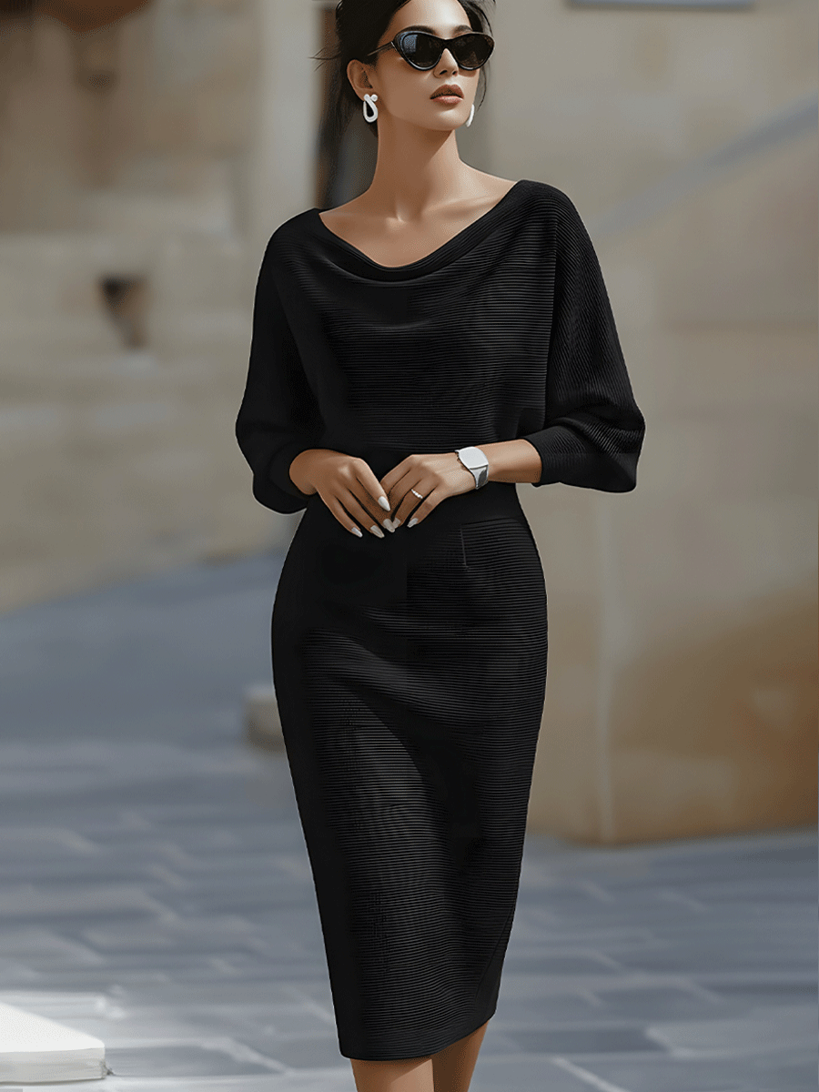Women's Midi Dress with Draped Neckline