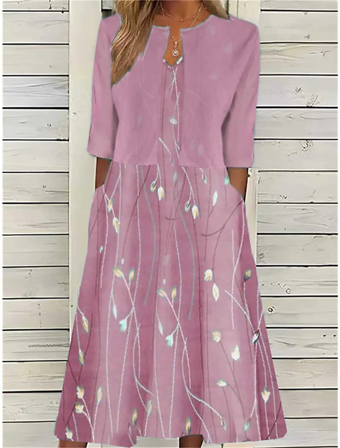 Printed Midi Dress with 3/4 Sleeve Vest for Women