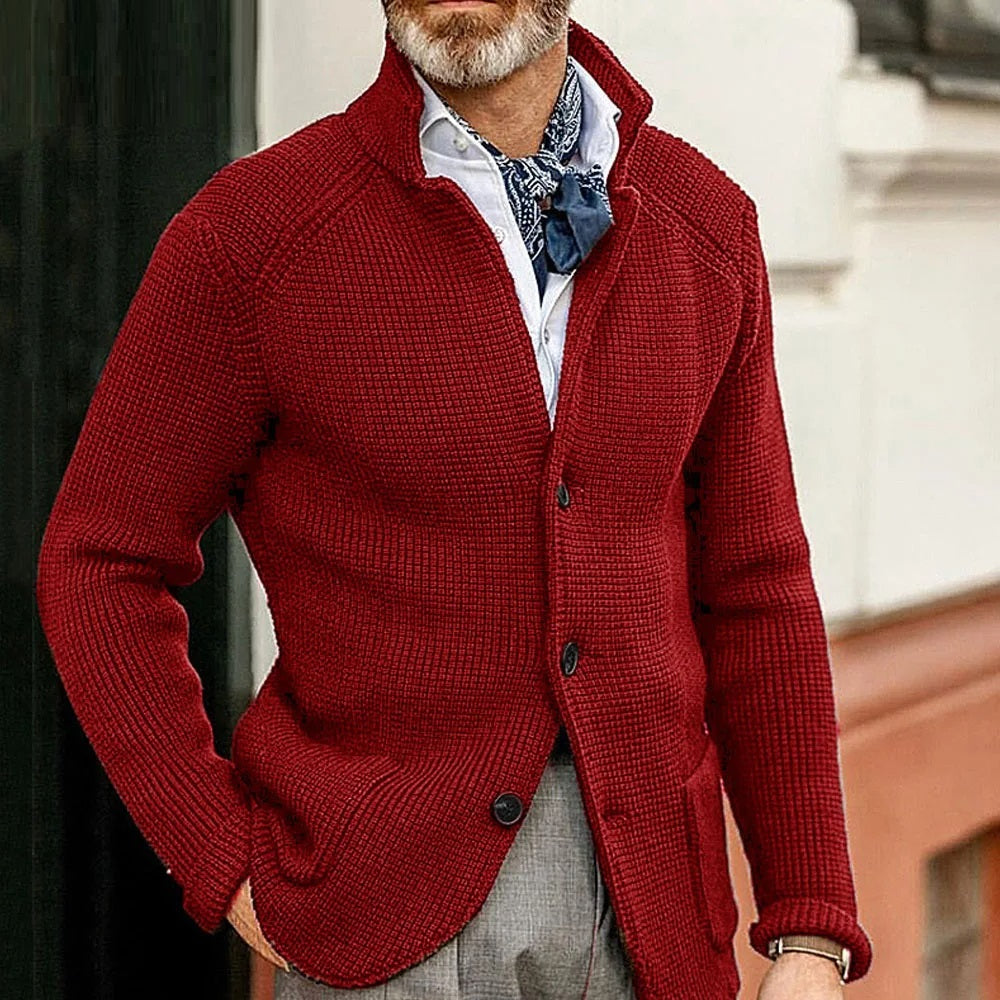 Men’s buttoned-up cardigan with a stand-up collar