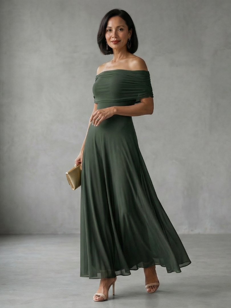 Women's Long Dress with Off-Shoulder and Flowing Cut