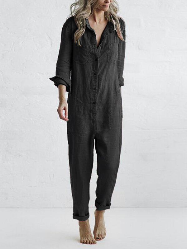 Combinaison femme manches longues col chemise coupe décontractée style casual chic