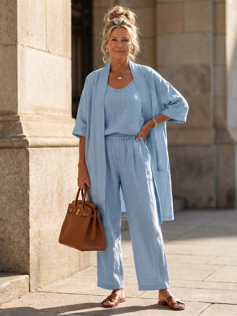 Women's Casual 3-Piece Set with Long Cardigan and Loose Pants
