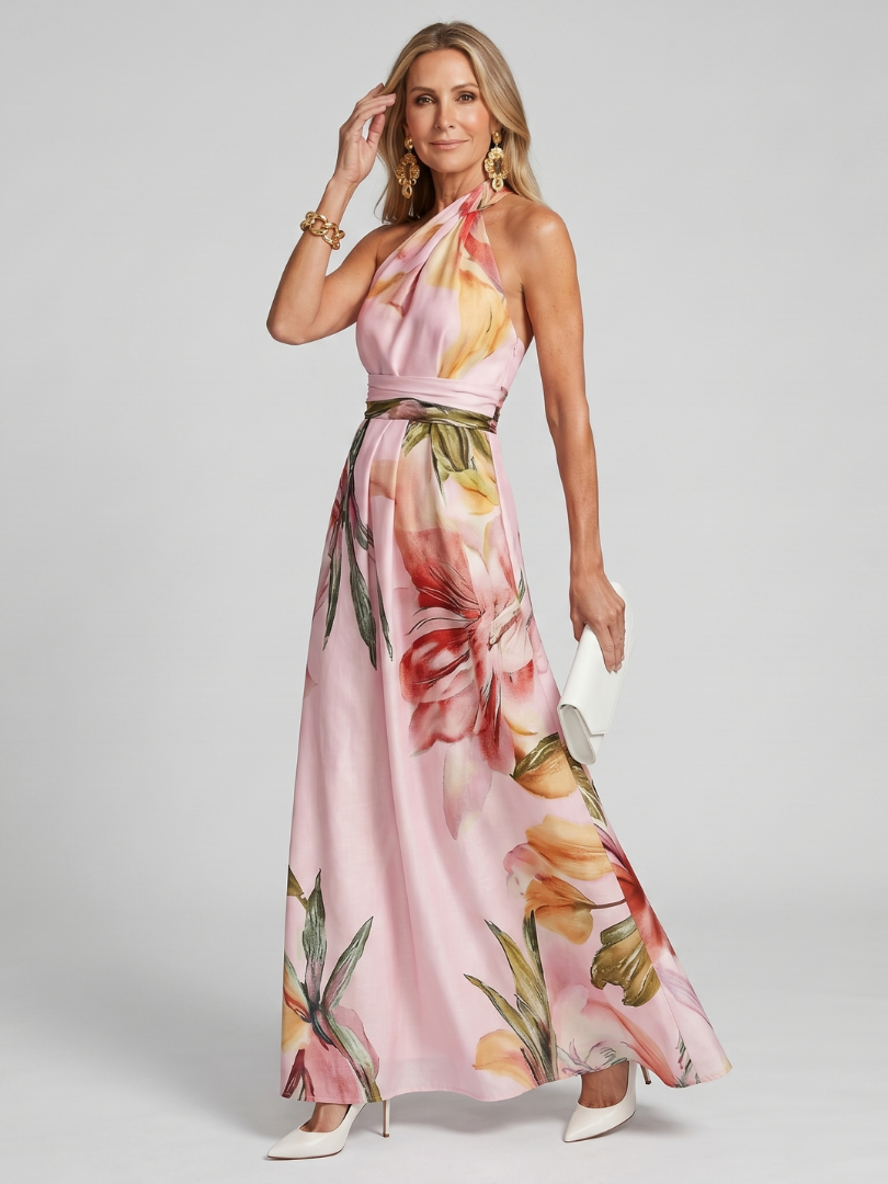 Vestido maxi fluido con cuello halter para mujer