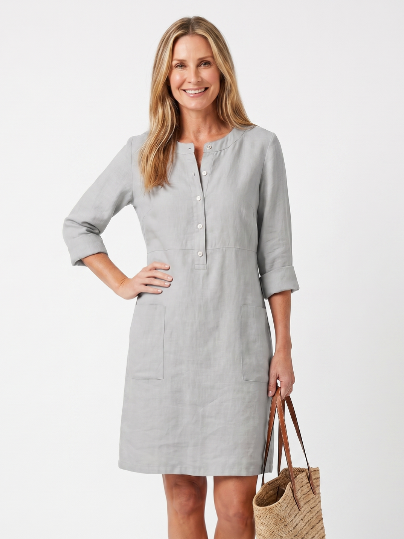Casual Women's Tunic Dress with V-Neck and 3/4 Sleeves