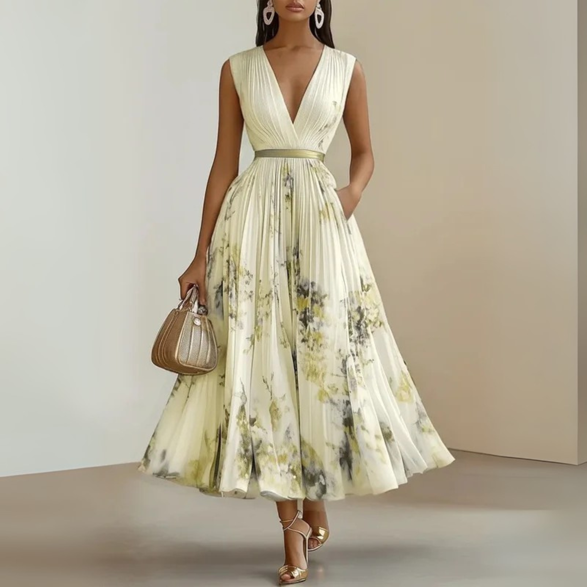 Robe midi femme sans manches col V imprimé floral taille cintrée élégante