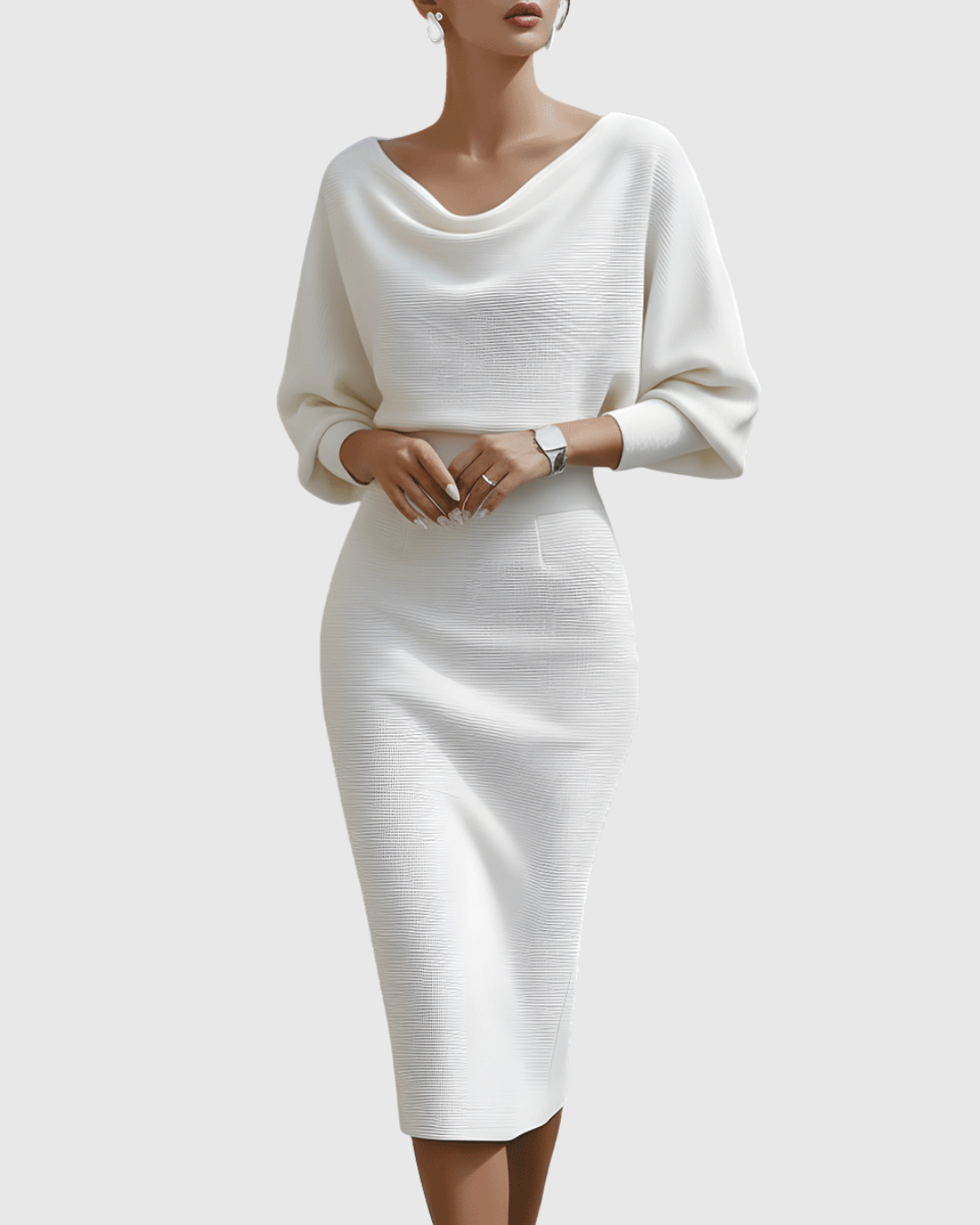 Draped Midi Dress with Batwing Sleeves for Women