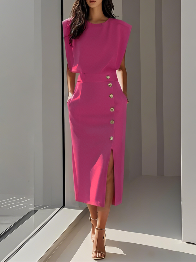 Sleeveless Midi Dress with Decorative Buttons and Slit