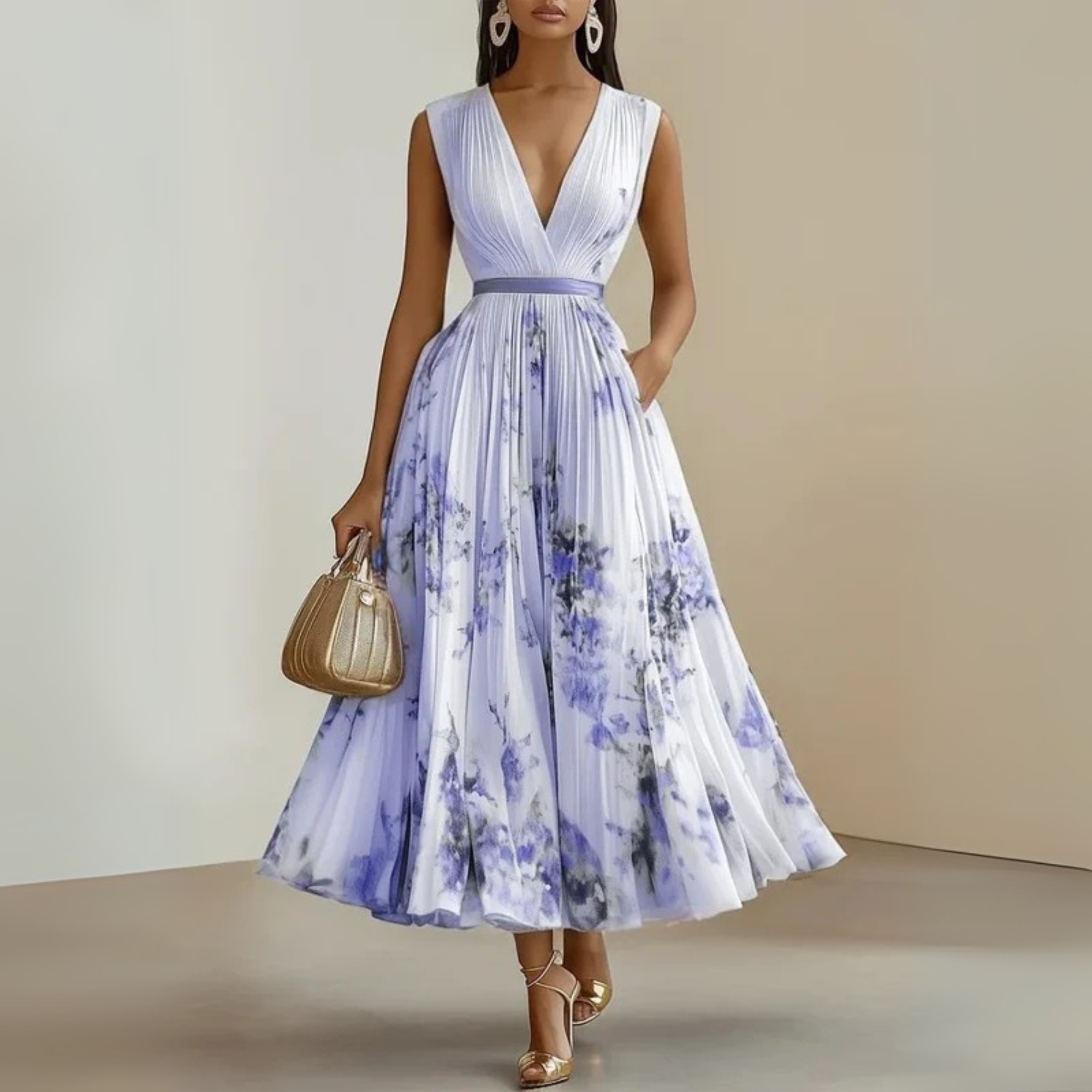 Robe midi femme sans manches col V imprimé floral taille cintrée élégante