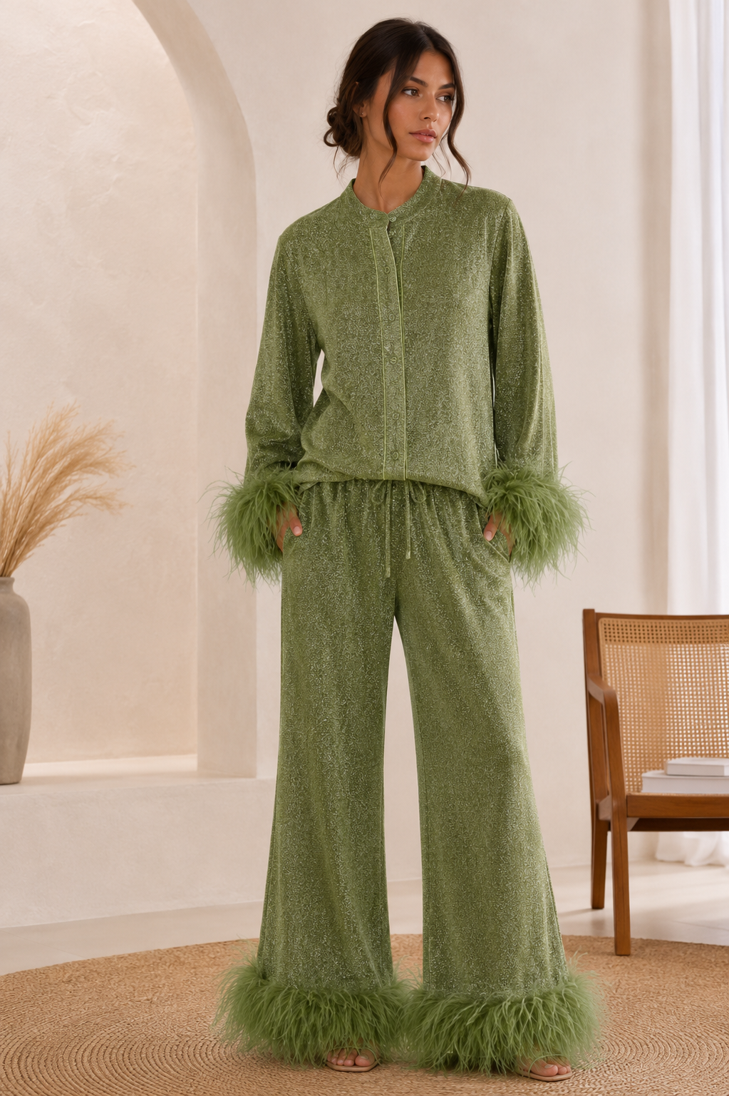 Women's Casual Outfit with Feathered Finishes