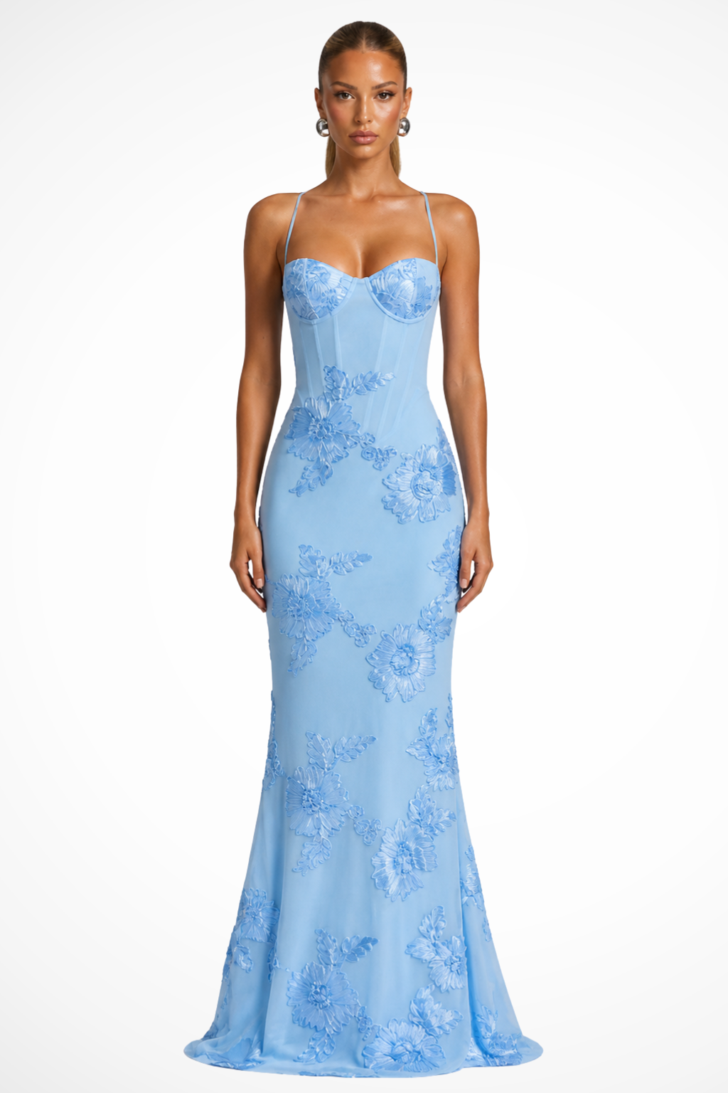 Robe Longue Sirène Femme à Bretelles Fines et Dentelle Florale Élégante