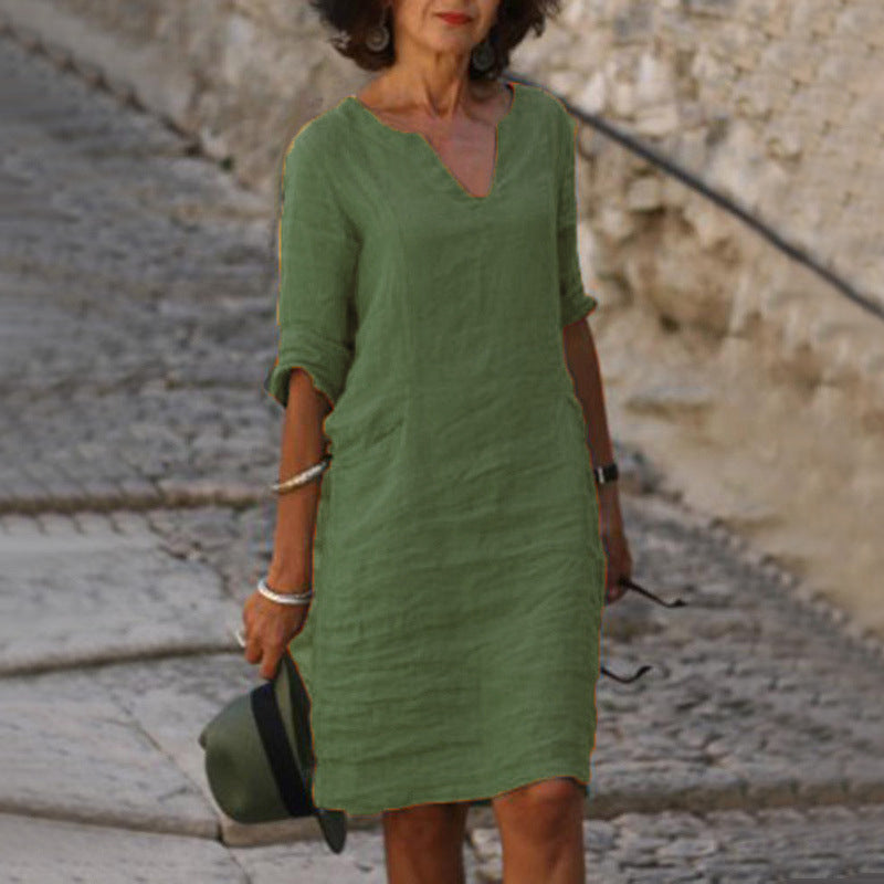 Robe midi femme col V manches trois quarts coupe décontractée style minimaliste