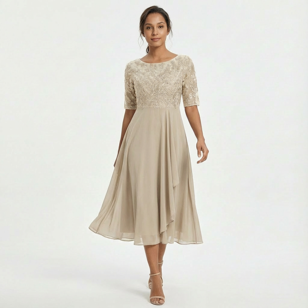 Robe de cérémonie midi en dentelle pour femme Eliza à manches mi-longues