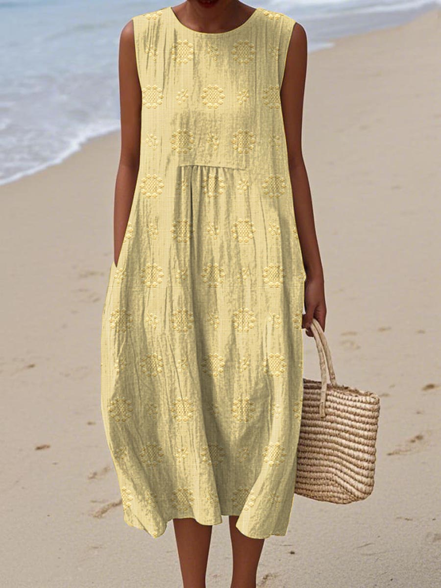 Women's Sleeveless Midi Dress with Bubble Cut and Textured Details