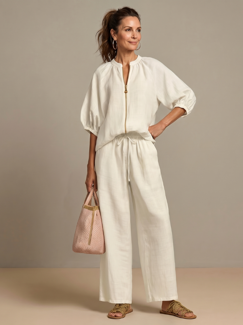Women's 2-Piece Set with Zipper Closure and Loose Pants