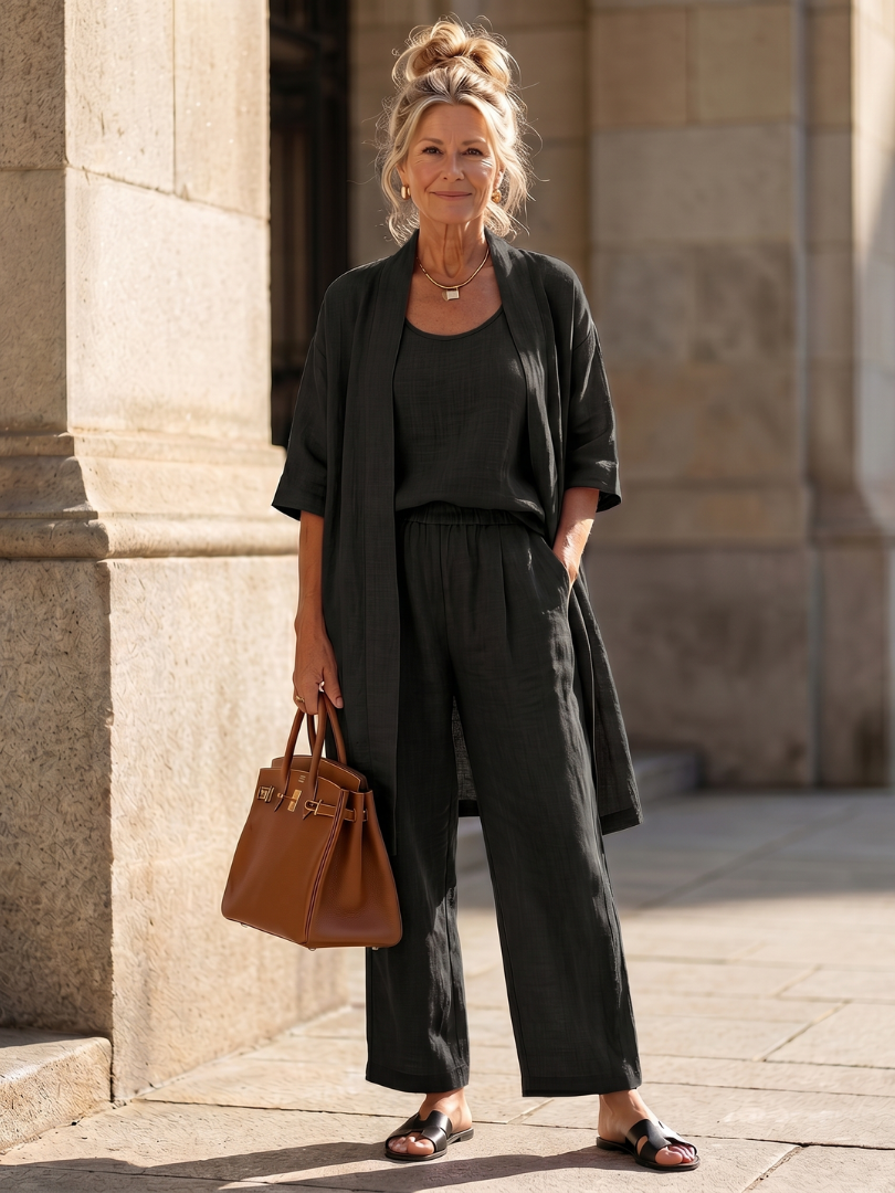 Women's Casual 3-Piece Set with Long Cardigan and Loose Pants