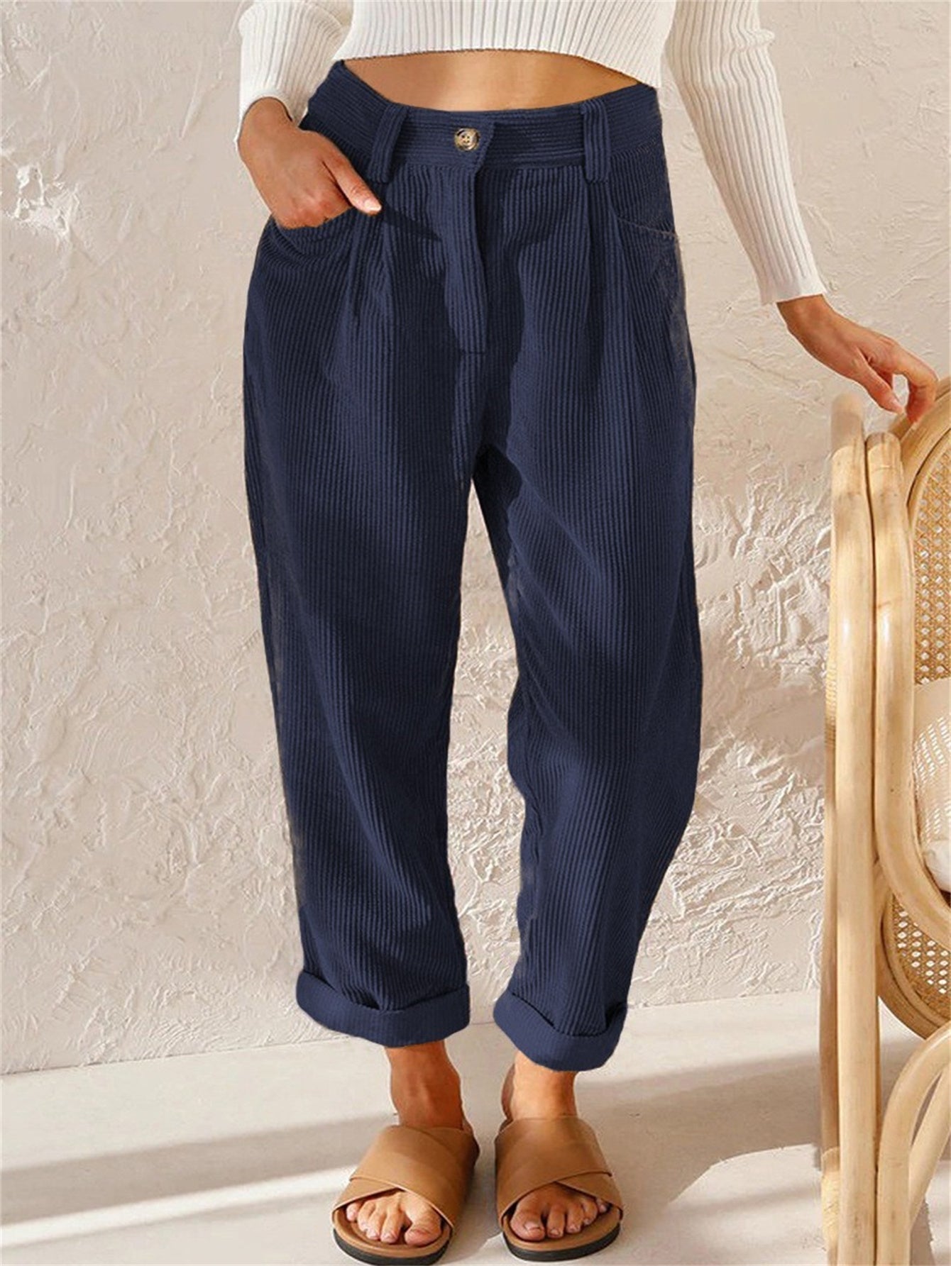 Pantalon Décontracté Coupe Relax avec Poches pour Femme