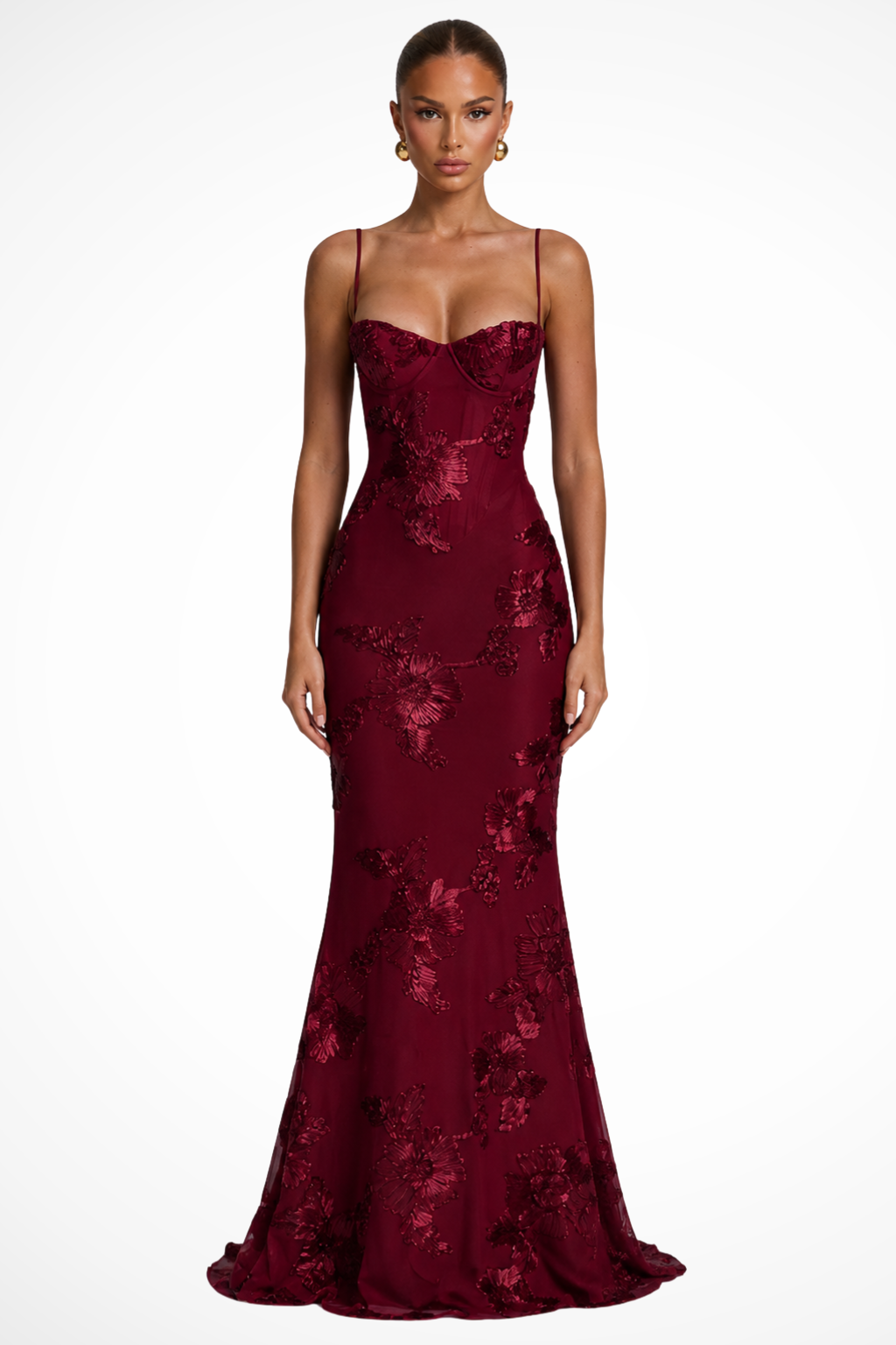 Robe Longue Sirène Femme à Bretelles Fines et Dentelle Florale Élégante