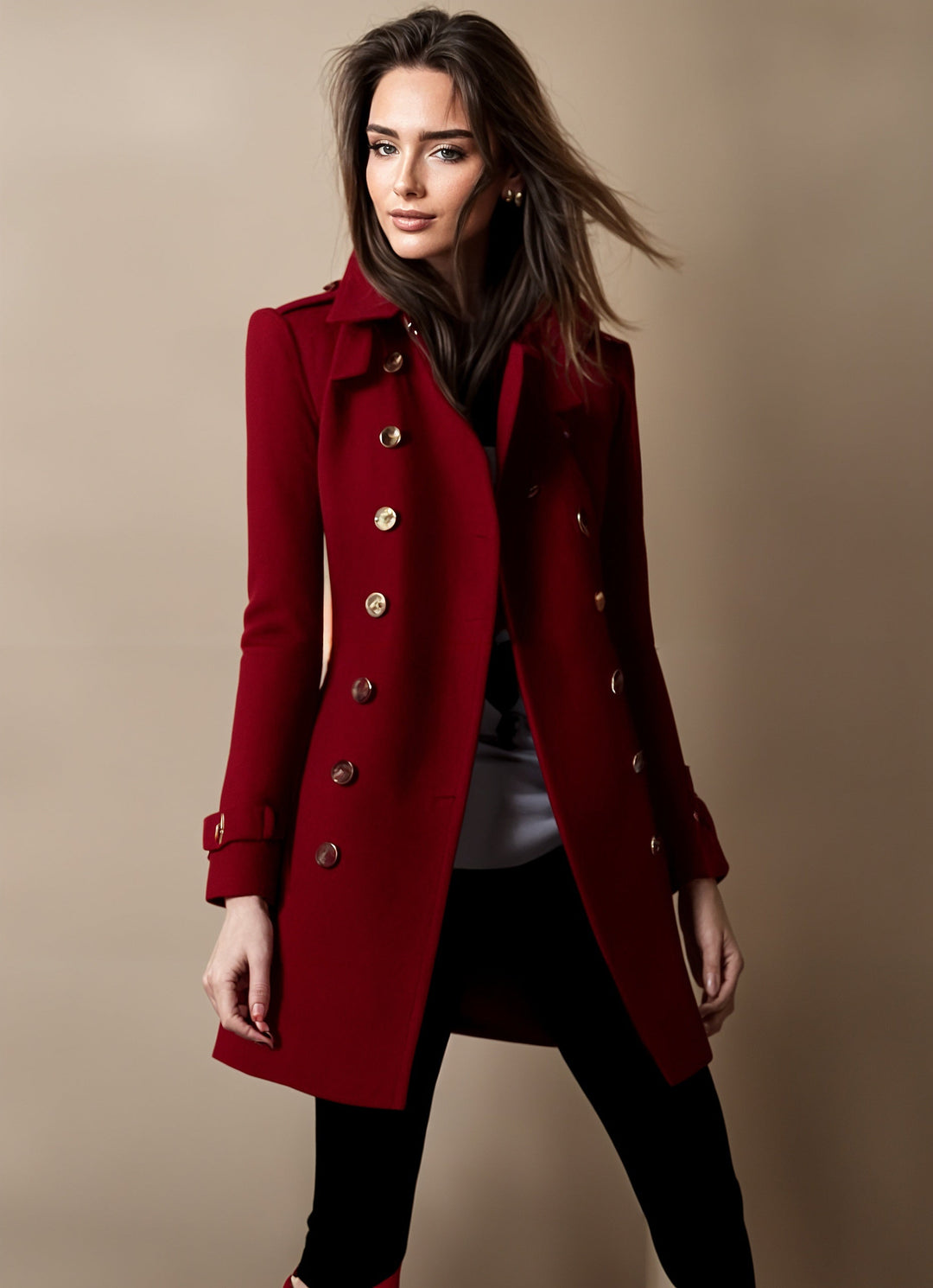 Manteau Femme Élégant à Double Boutonnage à Col Revers