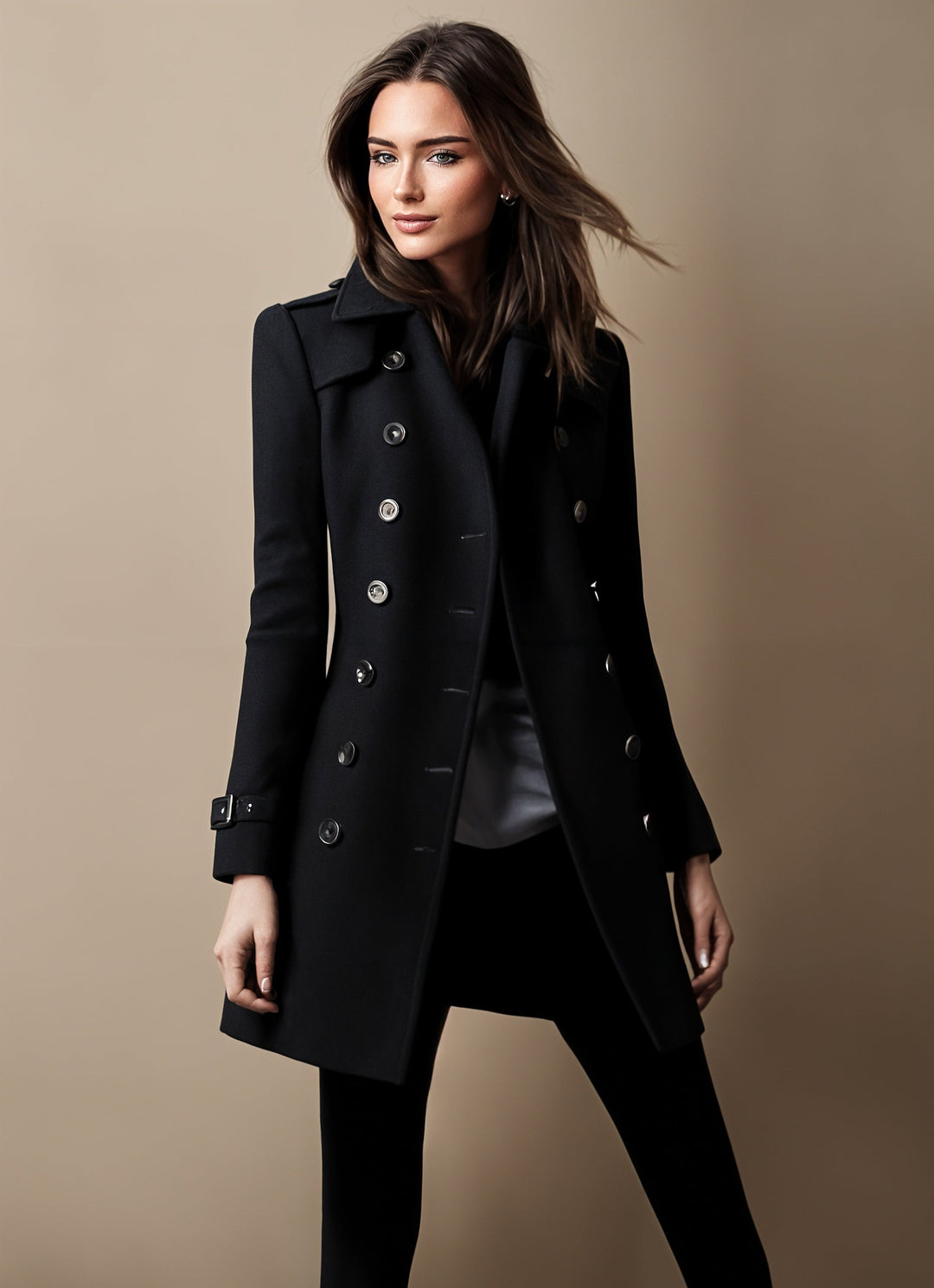 Manteau Femme Élégant à Double Boutonnage à Col Revers