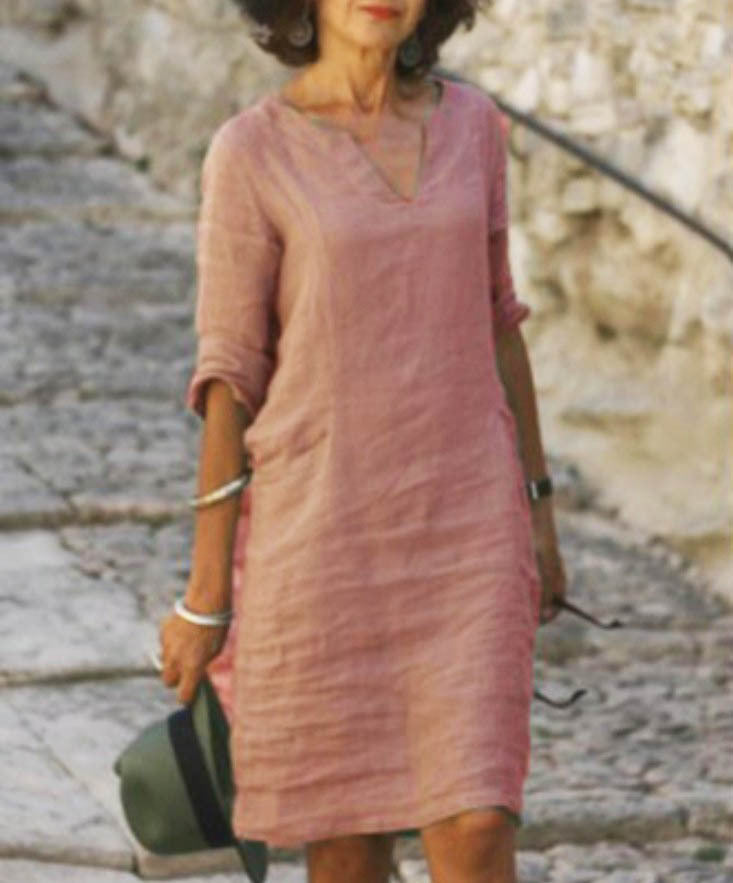 Robe midi femme col V manches trois quarts coupe décontractée style minimaliste