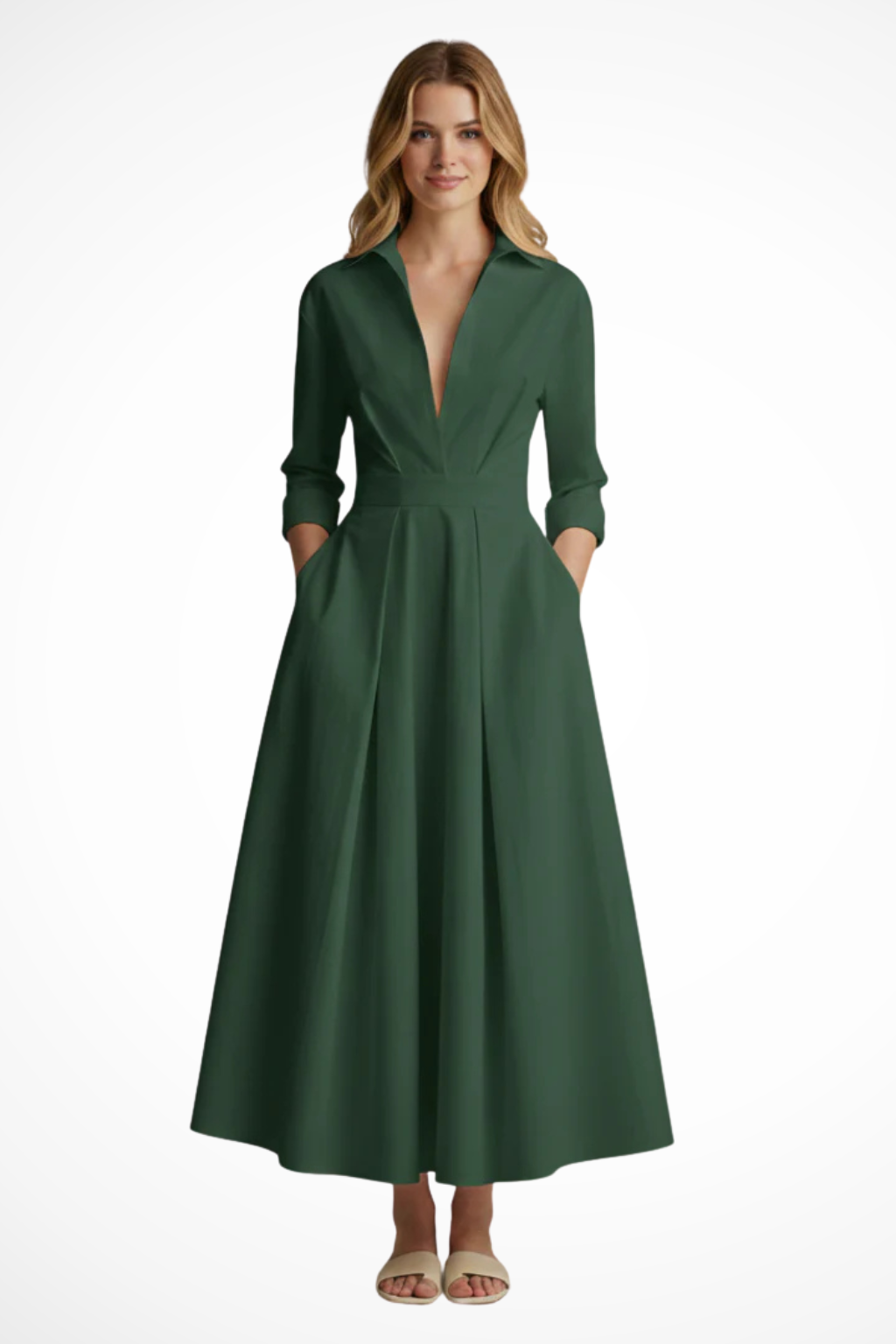 Robe maxi cintrée à boutons et col pour femme